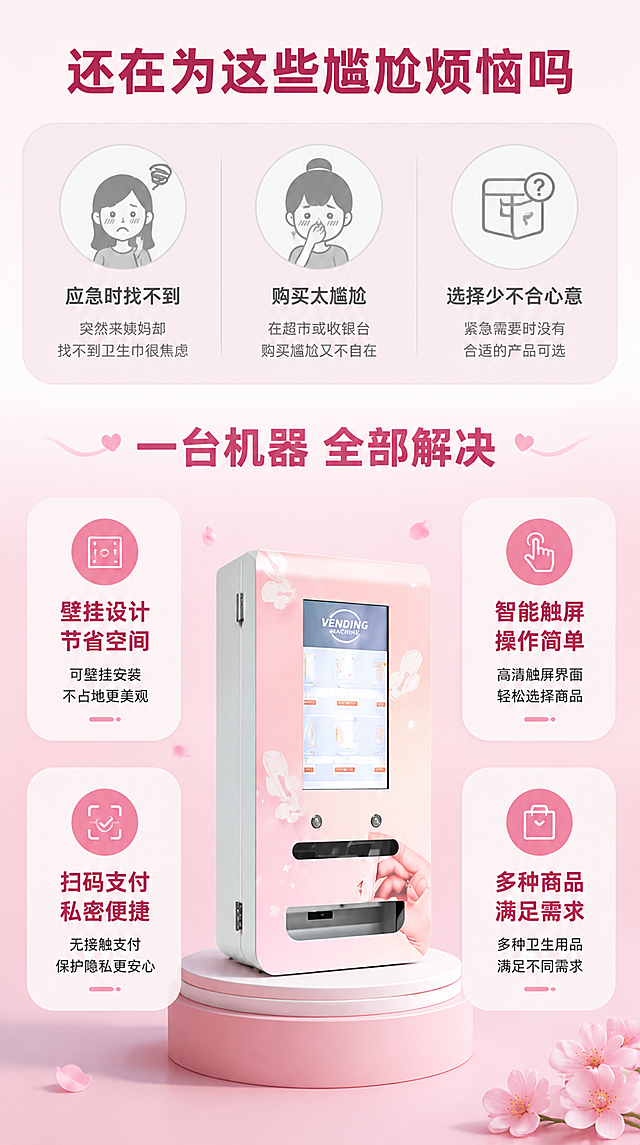 [第2张] 详情页痛点+卖点总览-卫生巾售货机痛点解决与核心卖点。
[氛围/风格] 温馨柔美风，粉色系，痛点共鸣+解决方案，信息清晰。
[元素布局] 画面上半部分为痛点区域，下半部分为卖点总览。上半部分背景为浅灰粉色，用三个图标+文字展示传统购买卫生巾的痛点：①尴尬不好意思买 ②应急找不到 ③超市排队麻烦。下半部分背景为浅粉色，中间放置小型粉色售货机产品图（占比约30%），周围环绕四个卖点卡片。保持售货机外观与输入产品图一致。
[光影质感] 整体光线柔和均匀，产品图有自然光影，卡片有轻微阴影增加层次感。
[配色色系] 全局底色 #FFF0F5 浅粉；痛点区灰粉色 #F5E6EA；卖点区樱花粉 #FFB6C8；文字深粉+灰色。
[视角构图] 上下分区构图，上半部分痛点、下半部分卖点+产品居中，阅读动线从上到下。
[文字版式] 顶部大标题「还在为这些尴尬烦恼吗」，深粉色粗黑体大号居中。上半部分三个痛点横向排列，每个配灰色图标：①「应急时找不到」②「购买太尴尬」③「选择少不合心意」。中间过渡文字「一台机器 全部解决」，粉色粗体。下半部分产品居中，四周四个圆角卖点卡片：左上「壁挂设计 节省空间」、右上「智能触屏 操作简单」、左下「扫码支付 私密便捷」、右下「多种商品 满足需求」。文字清晰可读，层级分明。
[比例分辨率] 9:16 竖版比例，4K 分辨率，文字清晰可辨，高清画质。
[负向提示词] 变形，水印，文字错乱，文字过小，产品图模糊，背景杂乱。