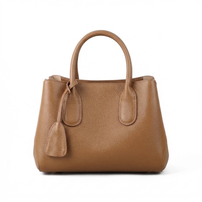 正面展示这只焦糖棕色荔枝纹真皮托特包，保持包包原有款式、尺寸、颜色和纹理完全一致，干净纯白背景，商业产品摄影，清晰完整展示包包正面整体造型和细节预览效果