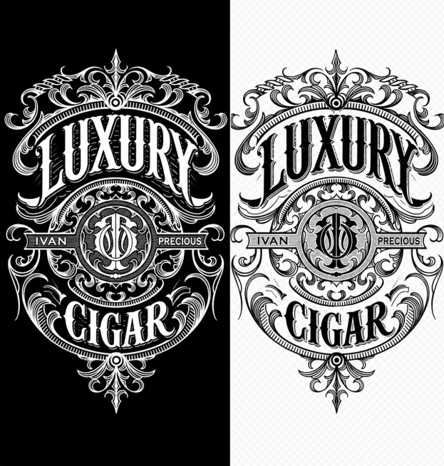 参考图片花体复古徽章风格，将上方IVAN改为LUXURY，将右侧SOLER改为PRECIOUS，把底部的文字改成CIGAR，保持白色复杂花纹字体装饰，透明背景，黑色底色，复刻精致复古的纹身徽章设计风格预览效果