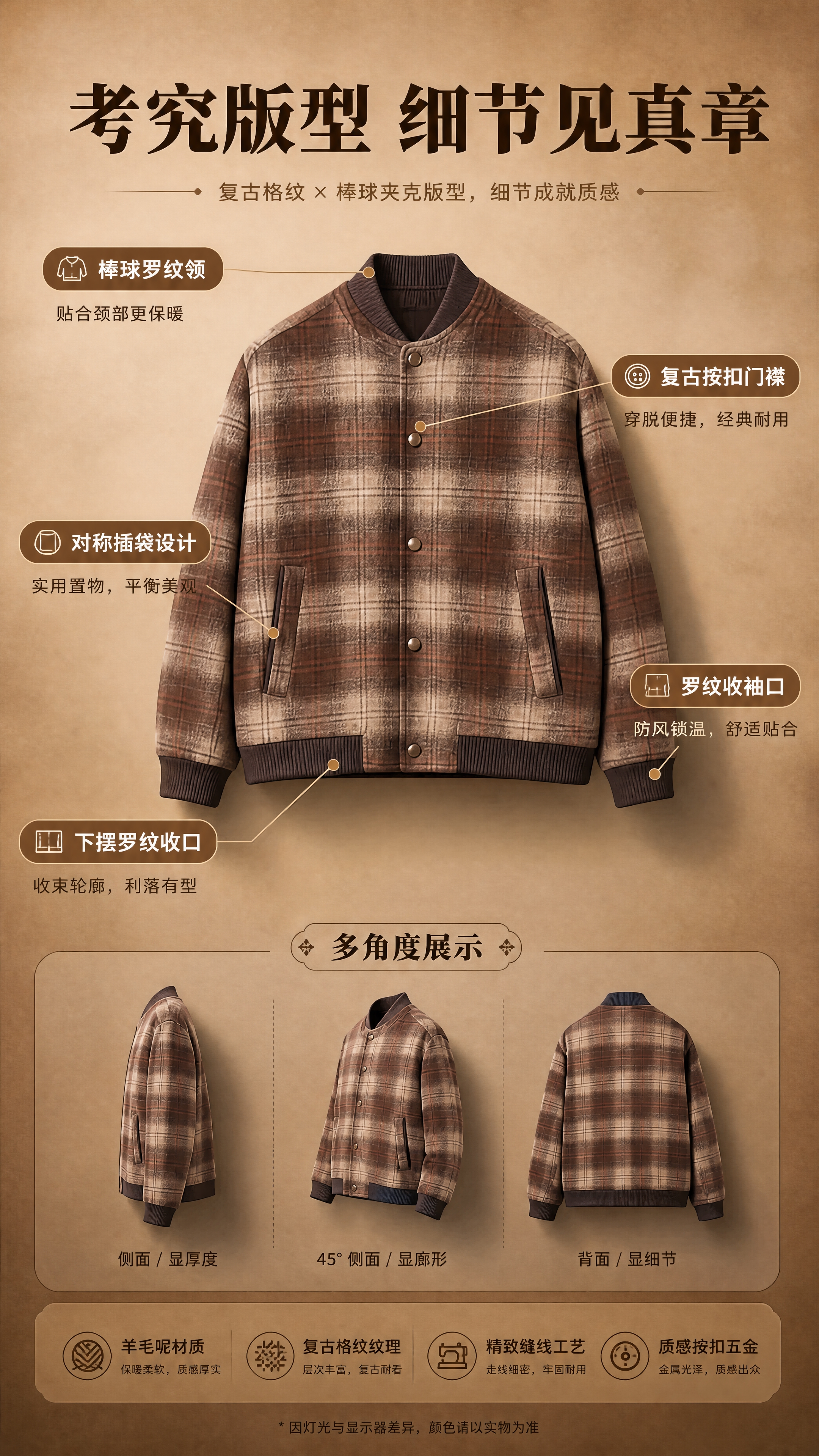 [商品] 使用【图1】棕咖色复古格纹羊毛呢棒球夹克；商品处理：… - 图片创意预览