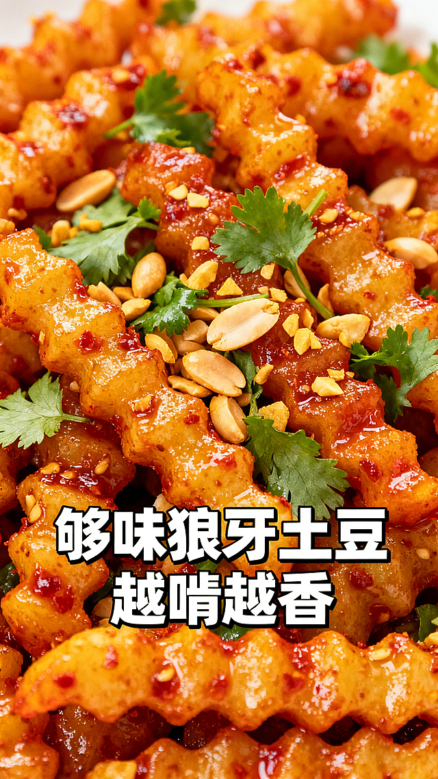 造型独特的狼牙土豆，裹满红油酱料，撒上香菜和花生碎，文案“够味狼牙土豆 越啃越香”