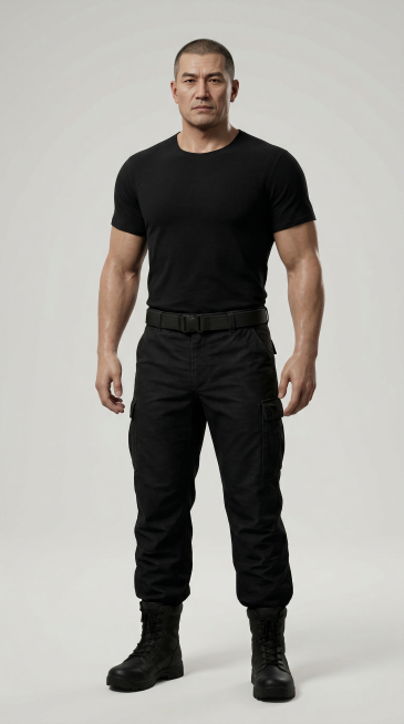 3D国漫次世代超写实风格，男性专业护卫打手单人全身立绘，中国人，身高偏高，身材结实厚重，肌肉线条内敛不张扬，极致的力量感，方脸，短碎发，面部有轻微岁月痕迹，下颌线硬朗，眼神深邃坚毅，气质正派可靠，身着预览效果