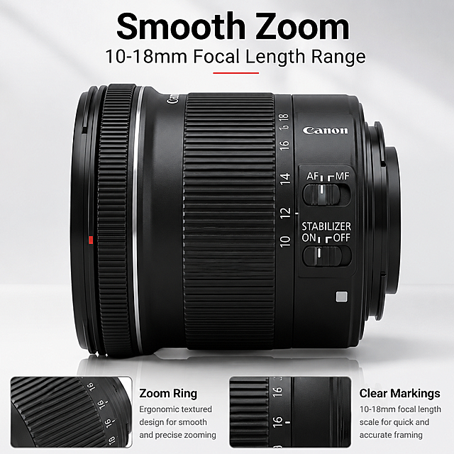Side view of Canon EF-S 10-18mm lens, highlight the zoom ring texture and marking design, with English selling text "Smooth Zoom 10-18mm Focal Length Range", professional product background, commercial e-commerce main image, high clarity product display