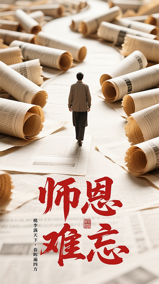 试卷卷曲成蜿蜒纸路，教师独行纸路中心（背影 ），复古棕黄 + 米白报纸色调；最下方红色雄浑书法大字“师恩难忘”，黑色小字“桃李满天下・春晖遍四方”