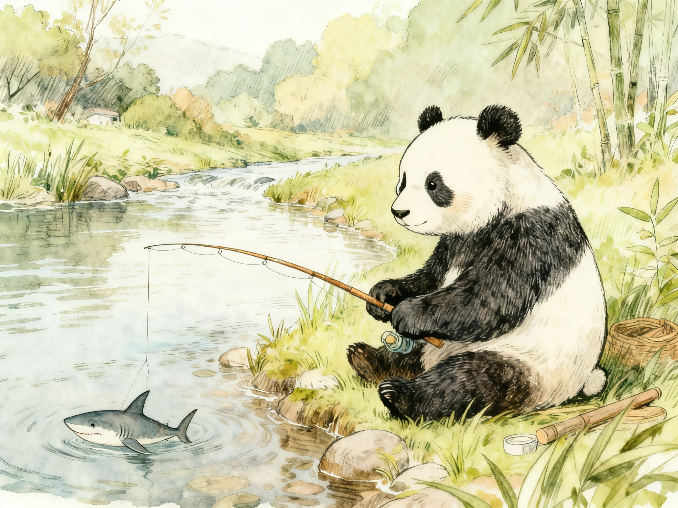 将图片中的小鱼替换成鲨鱼，保持手绘插画风格，鲨鱼与小熊猫比例协… - 图片创意预览