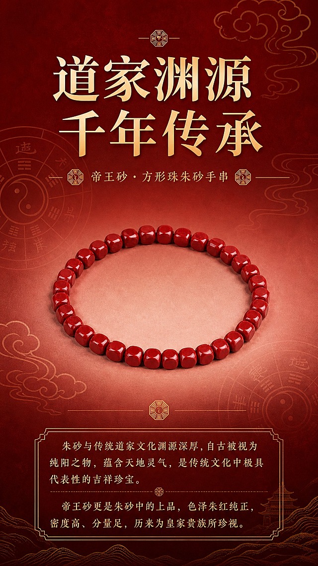 淘宝天猫电商详情页，9:16竖版，朱砂文化传承故事页，参考图8红金高级质感风格，帝王砂方形珠手串居中展示，手串外观严格保持原样不修改，红金渐变背景，暗纹太极八卦、祥云纹样装饰，顶部大标题文字"道家渊源 千年传承"，副标题"帝王砂·方形珠朱砂手串"，下方故事文字："朱砂与传统道家文化渊源深厚，自古被视为纯阳之物，蕴含天地灵气，是传统文化中极具代表性的吉祥珍宝。帝王砂更是朱砂中的上品，色泽朱红纯正，密度高、分量足，历来为皇家贵族所珍视"，配八卦图标，国潮古风质感