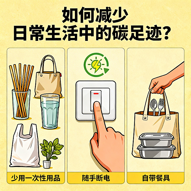 减少日常碳足迹主题正方形图片，展示少用一次性用品、随手断电、自带餐具场景，标注“如何减少日常生活中的碳足迹？”，实用生活风格
