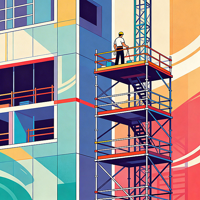 MG动画风格，扁平风插画，色彩丰富，一名工人站在高处脚手架平台上面干活，工人没有系安全带，工地场景，扁平设计