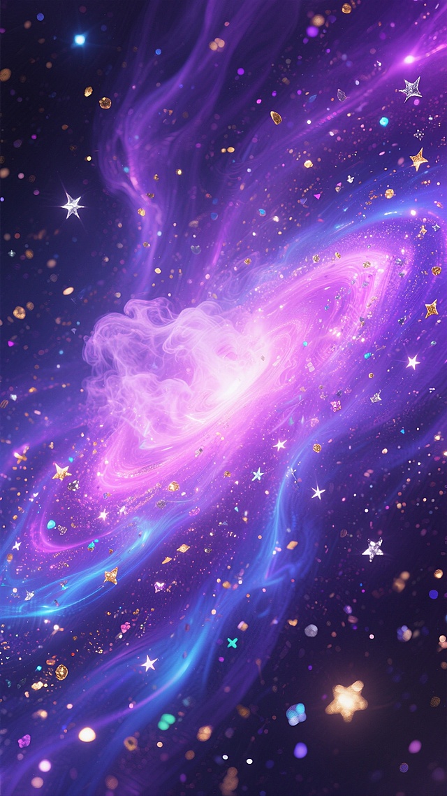 深邃迷幻的星河背景，以深邃的紫色和镭射粉为主色调，融合流动的霓虹蓝与荧光紫渐变，大量细碎闪烁的金色、银色和彩色星尘散布其间，中心区域有一团梦幻的星云呈现出烟雾状的柔和质感，边缘呈现朦胧的光晕效果，整体画面营造出神秘而迷幻的宇宙氛围，具有数字艺术的平滑过渡质感和细腻的光影层次，色调浓郁且富有视觉冲击力，充满未来感和奇幻色彩。