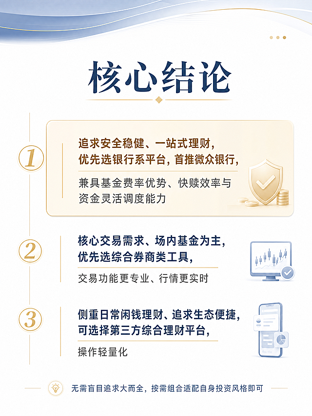 竖版图文内页，简约商务金融风，统一雾霾蓝+白色+浅金配色，版式精美，小红书笔记内页质感。页面顶部大标题：「核心结论」。左侧为金色序号标注（①②③），右侧对应分点完整文案，每条结论有标题行和正文行。第一条「追求安全稳健、一站式理财，优先选银行系平台，首推微众银行，兼具基金费率优势、快赎效率与资金灵活调度能力」用浅金色底纹高亮突出；第二条「核心交易需求、场内基金为主，优先选综合券商类工具，交易功能更专业、行情更实时」；第三条「侧重日常闲钱理财、追求生态便捷，可选择第三方综合理财平台，操作轻量化」；底部还有一行总结小字「无需盲目追求大而全，按需组合适配自身投资风格即可」。文字左侧有细竖线装饰，整体逻辑清晰、重点突出。背景：干净白色底，顶部有浅蓝渐变装饰条。整体氛围：总结感强、重点高亮、干货收尾。画质：高清细腻，文字清晰可读，四周留安全边距。画面比例 3:4，4K。