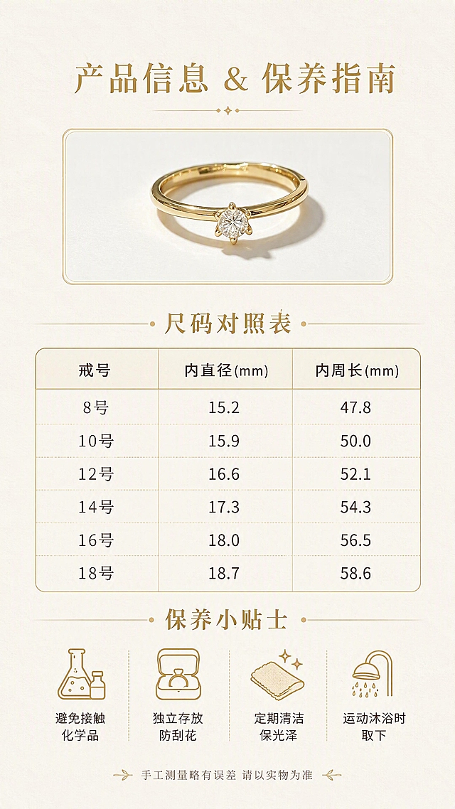 [第8张] 产品信息页-尺码对照表与保养小贴士。本张使用【图4】作为产品展示小图。
[氛围/风格] 简约专业信息卡风格，清晰易读，精致不枯燥。
[元素布局] 画面上方为戒指小图（使用【图4】），置于金色细边框内，占比约20%；中间为戒号对照表，表格设计精致，金色细线边框，米白色底；下方为保养小贴士，用金色图标搭配文字；背景为浅米色纸张肌理；戒指款式与输入图一致。
[光影质感] 均匀柔和光线，信息清晰可读，整体明亮干净。
[配色色系] 全局底色 #FAF6F0 浅米色；主色金色线条；辅助色深棕文字、米白表格底。
[视角构图] 上下结构信息卡式构图，阅读动线从上到下。
[文字版式] 版式为顶部产品小图 + 中部戒号表 + 底部保养提示。顶部标题「产品信息 & 保养指南」，金色衬线字体；戒号表格包含「戒号」「内直径(mm)」「内周长(mm)」三列，共6行数据，深棕色清晰字体；保养小贴士四条：「避免接触化学品」「独立存放防刮花」「定期清洁保光泽」「运动沐浴时取下」，每条配金色小图标；底部小号文字「手工测量略有误差 请以实物为准」。
[比例分辨率] 9:16 竖版比例，4K分辨率，文字清晰可辨，高清画质。
[负向提示词] 戒指变形，表格文字模糊，颜色偏差，水印，信息错乱，背景杂乱。