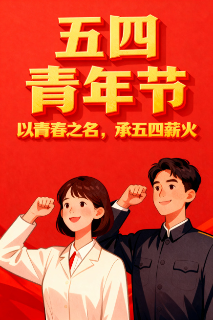 在这张五四青年节海报上，在主标题"五四青年节"下方的合适位置添加文案"以青春之名，承五四薪火"，字体风格与主标题保持一致，黄色偏红带立体感，不改变原图其他元素和背景预览效果