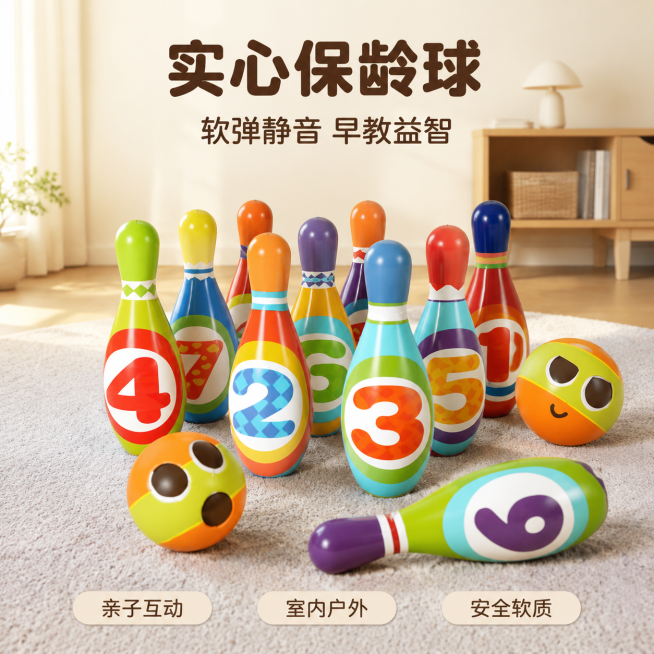[主图-1] 儿童保龄球玩具首图场景展示
[氛围风格] 柔和亲子感，干净通透，浅色暖调，自然家庭育儿场景
[画质] 商业摄影质感，光线柔和通透，产品清晰真实，画面干净高级
[元素] 彩色数字实心保龄球预览效果