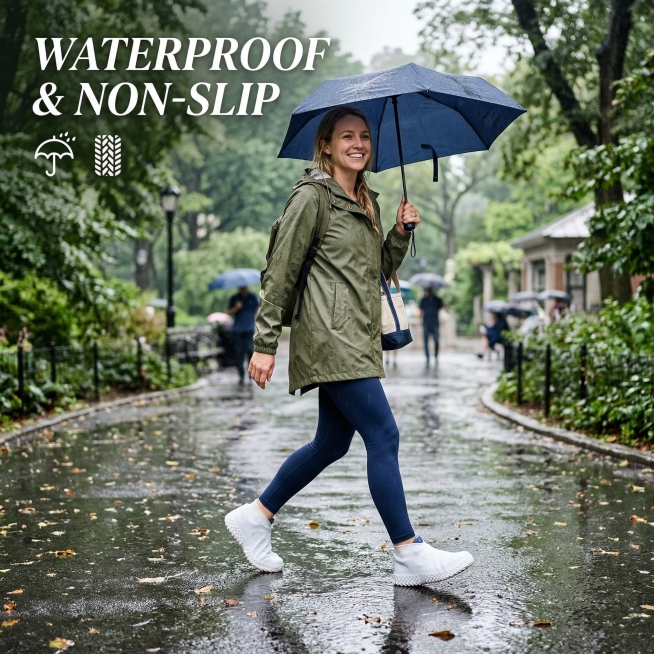 Wearing effect picture, a woman wearing the white thickened silicone waterproof shoe covers walks on预览效果