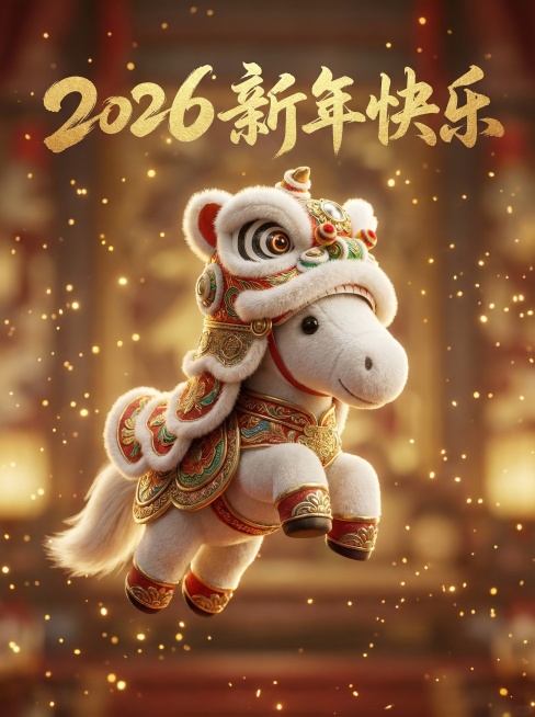 3D，摄影级画质，超精细细节，动态捕捉，一只憨态可掬的图一形象，头戴华丽繁复的醒狮狮头，身披舞狮服饰，姿态威武灵动，融合史诗戏剧感与幽默萌趣。画面构图严谨，采用高饱和暖色调，点缀洒金粒子，风格杂糅后现预览效果