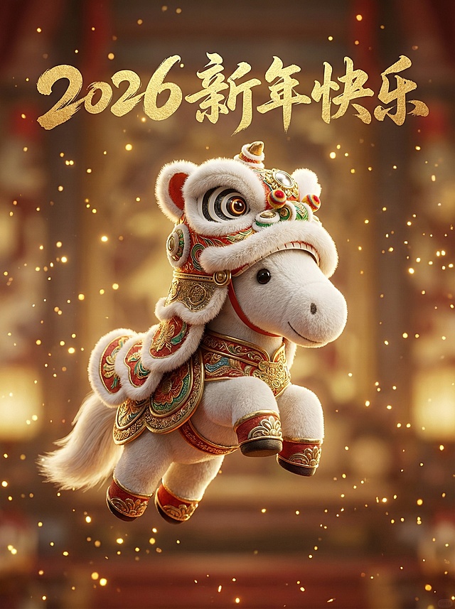 软3D风萌马身披国潮舞狮装，鎏金粒子环绕，喜庆卡通感十足，传递2026新年欢乐氛围。