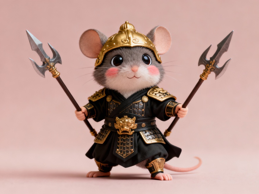 设计属相系列鼠的图片，每张图片中只出现一个属相物体，矮胖嘟嘟的，腿短短地，超萌超可爱，拟人化站立（参照图只提供的是站姿，服饰由你给按照我提出的古典三国演义服饰特点装饰），拿着自己该拿的各种武器道具，摆预览效果