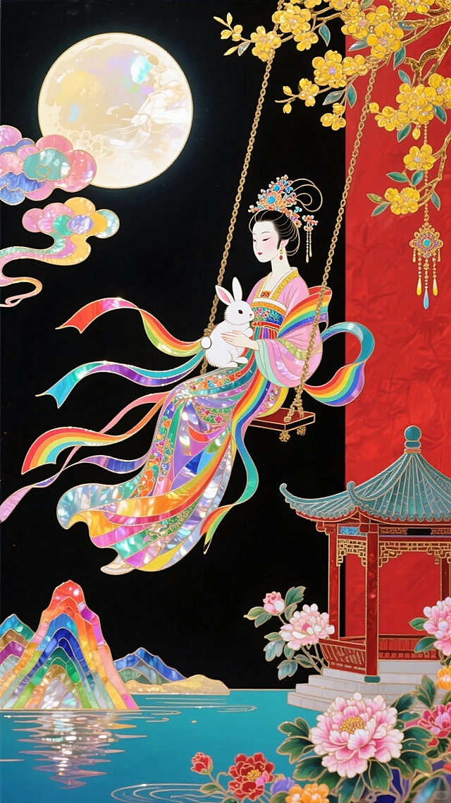 梦幻中式插画，工笔与刺绣风融合，嫦娥抱兔荡秋千，彩虹衣袂飘舞，月下亭台倒映湖中，超现实唯美意境。螺钿