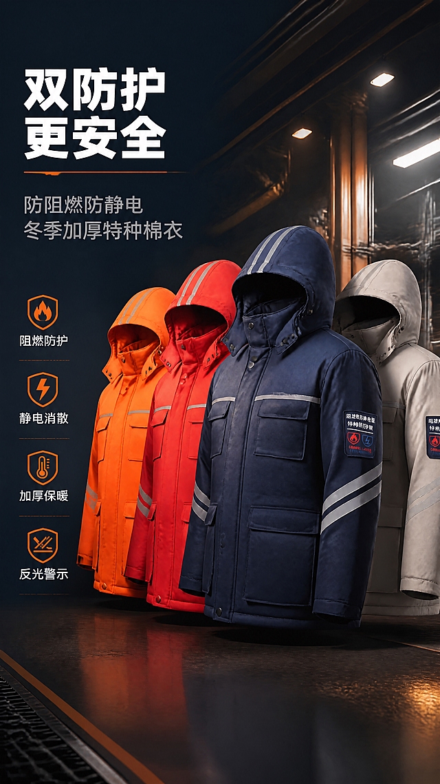 [商品] 使用【图1】藏青色、【图2】红色、【图4】橙色、【图8】浅卡其色防阻燃防静电棉衣；四件同款不同色棉衣并排陈列，保留每件的连帽、反光条、多口袋、胸前按扣、臂章标识、颜色和版型；自然去除衣身褶皱，理顺垂坠，增强面料纹理、缝线、反光条和五金质感，不改变结构和颜色。
[画面] 页面目标：多色同框功能头图，突出防阻燃防静电双防护专业形象。构图：左文右图，左侧35%留白放文案，右侧65%四件棉衣呈阶梯式错落摆放，藏青色居中为主视觉，红、橙、卡其三色分列两侧。主体占画面60%。背景：工业风工厂车间虚化背景，有金属管道、暖光射灯，营造专业特种防护氛围。阅读动线从左上标题到右侧产品。
[视觉] 套系策略：风格=京东工业风专业商业摄影；标题字=粗黑方正无衬线体；正文字=简洁无衬线体；主色=深藏青；背景延展=基于深藏青做深浅层级、同色渐变和金属工业质感；强调色=警示橙，仅用于小面积图标、引线、标签和局部光效；标题色=纯白；正文色=浅灰蓝；组件=深色半透明信息卡、橙色细线引线、工业风图标；光影=右前侧硬朗暖光，产品轮廓清晰，有金属质感反光。
[文字] 左上信息区：主标题"双防护 更安全"，副标题"防阻燃防静电 冬季加厚特种棉衣"，下方4个短卖点图标+文字："阻燃防护"、"静电消散"、"加厚保暖"、"反光警示"。文字不遮挡产品主体。所有文字横排。
[规格] 图片比例9:16竖版，4K，负向提示：避免变形、错字、文字过小、颜色偏差、版型失真、褶皱杂乱、极限词、京东logo水印。