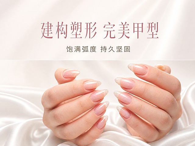 [单张主图] 美甲建构塑形项目 高级氛围感主图 美甲上架宣传图 4:3比例 上下分区版式

[画面主体] 画面下半部分区域展示一双手，手指修长，指甲为精致的杏仁形，呈现建构塑形后的完美弧度。指甲为清透的裸粉色建构胶效果，甲面饱满光滑，有自然的C弧和完美的高点，指尖呈自然的透明感渐变，整体呈现通透的果冻玻璃质感。建构后的指甲形状整齐统一，甲面平整有光泽，充分展示建构塑形的效果。双手自然相对，手指优雅弯曲，美甲细节清晰可见。手部皮肤细腻自然。美甲主体完整展示在下半区，占画面约50%区域，手部下方有白色丝绸布料衬托。

[构图版式] 上下等分布局。画面严格分为上下两个区域，各占50%比例：上半部分为文字区域，下半部分为美甲图片展示区域。上下区域分界清晰，文字和图片各占一半空间，整体平衡对称。

[上半区文字区域] 背景为纯净的奶白色渐变，柔和朦胧。文字居中对齐排版，位于上半区的垂直中心位置：
第一行（主标题）："建构塑形 完美甲型"，字体为优雅的细衬线体，字号大，颜色为温柔的豆沙粉色，字间距适中，居中排列
第二行（副标题）："饱满弧度 持久坚固"，字体为简洁的无衬线体，字号约为主标题的60%，颜色为浅灰棕色，居中排列
两行文字之间留有适当行距，整体文字组位于上半区中心，视觉平衡。

[下半区图片区域] 完整展示双手美甲效果，手部位于下半区中心位置，四周留有适当留白。底部有白色丝绸布料自然垂坠，增加层次感。背景延续奶白色渐变基调，与上半区自然衔接。

[光影质感] 柔和的美甲店专业灯光从上方斜射下来，在建构饱满的甲面形成明亮的高光条，突出建构塑形后的完美弧度和通透水润质感。手部皮肤有自然的明暗过渡，立体感强。整体光影柔和，阴影淡而自然，营造出干净专业的商业美甲摄影氛围。甲面高光清晰，展现建构胶的硬度和光泽。

[配色字体] 主色调：奶白色、裸粉色、豆沙粉；辅助色：浅灰棕、米白；整体配色温柔清透，符合美甲的柔美专业气质。主标题使用细衬线体，优雅精致；副标题使用干净无衬线体，简洁易读。字体字重克制，靠留白和大小区分层级。

[比例分辨率] 4:3比例，2K分辨率，文字清晰可辨，美甲建构细节清晰。上下各占50%区域，分界清晰。

[负向提示词] 变形、水印、错字、糊字、伪Logo、主体遮挡、背景杂乱、低清晰度、手指畸形、指甲形状不规则、甲面不平整、建构弧度不自然、颜色偏差、多余手指、手部皮肤粗糙、画面昏暗、强反光刺眼、上下比例不均、文字压图片、左右布局、文字在左侧