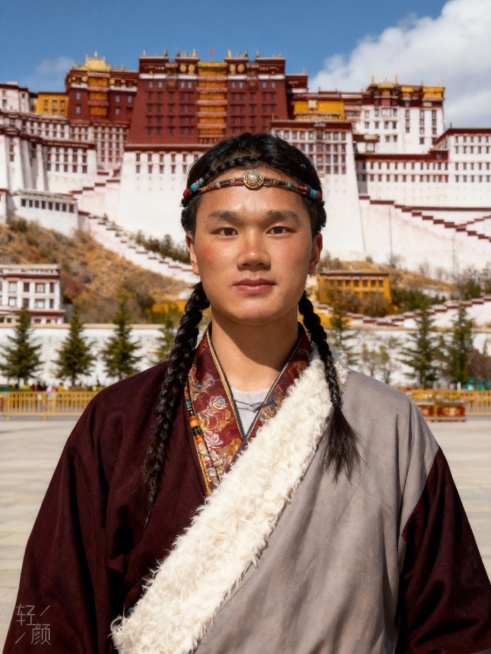 图片中的男生站在拉萨布达拉宫前，衣服换成藏族服饰，晒伤妆，头发编起来，戴藏族头饰预览效果