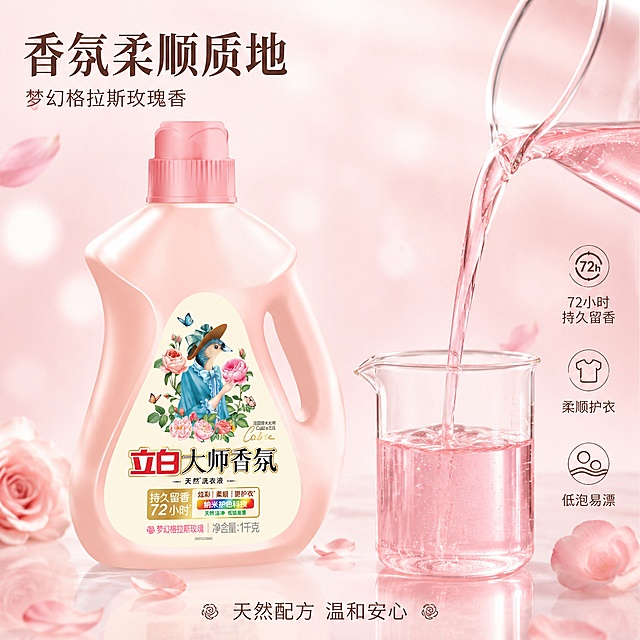 [主图-3] 立白大师香氛洗衣液质地与成分图 透明纯净
[氛围风格] 纯净通透质感 高级洁净 突出液体质地
[画质] 超高清商业摄影质感 侧逆光通透 液体清透可见 细节精致
[元素] 立白大师香氛洗衣液瓶位于画面中央偏左 略微倾斜展示瓶内液体 产品占比约55%。右侧有透明玻璃量杯 杯中盛有粉色香氛洗衣液液体 液体缓缓倒入量杯的动态瞬间 形成优美流线 液体中可见微闪香氛粒子。周围散落粉色玫瑰花瓣 背景是纯净的浅粉色渐变 有柔和光晕。底部是反光的白色台面 有瓶身和量杯的倒影。保持洗衣液瓶外观与输入产品图完全一致 杜绝变形和色差
[光影] 侧逆光为主光 从右后方打亮液体 呈现通透质感 液体边缘有金边高光 正面柔和补光 瓶身标签清晰可见 整体光影干净高级
[配色] 主色调柔粉+透明白 辅助色玫瑰金+浅粉渐变
[视角构图] 略微俯视角度 产品和量杯形成对角线构图 液体流动为视觉焦点
[文字版式] 左上主标题"香氛柔顺质地" 深棕色粗体大号 副标题"梦幻格拉斯玫瑰香" 中号浅棕色。右侧量杯旁标注"72小时持久留香" "柔顺护衣" "低泡易漂" 三个竖排短标签 配简约图标。底部小字"天然配方 温和安心"
[输出要求] 1:1比例 文字清晰锐利 超高清商业摄影质感
[负向提示词] 变形 文字错乱 产品模糊 背景杂乱 水印 电商平台Logo 多余的手 畸形手