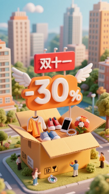 这张海报的主色调为橙黄色，背景的高楼大厦的城市景观与自然风景相融合。“双十一”以醒目的橙白立体字体展示在海报中间，还有一个醒目的“-30%”红色广告牌在快递盒上。海报的主体是一个大的快递盒，快递盒内有预览效果