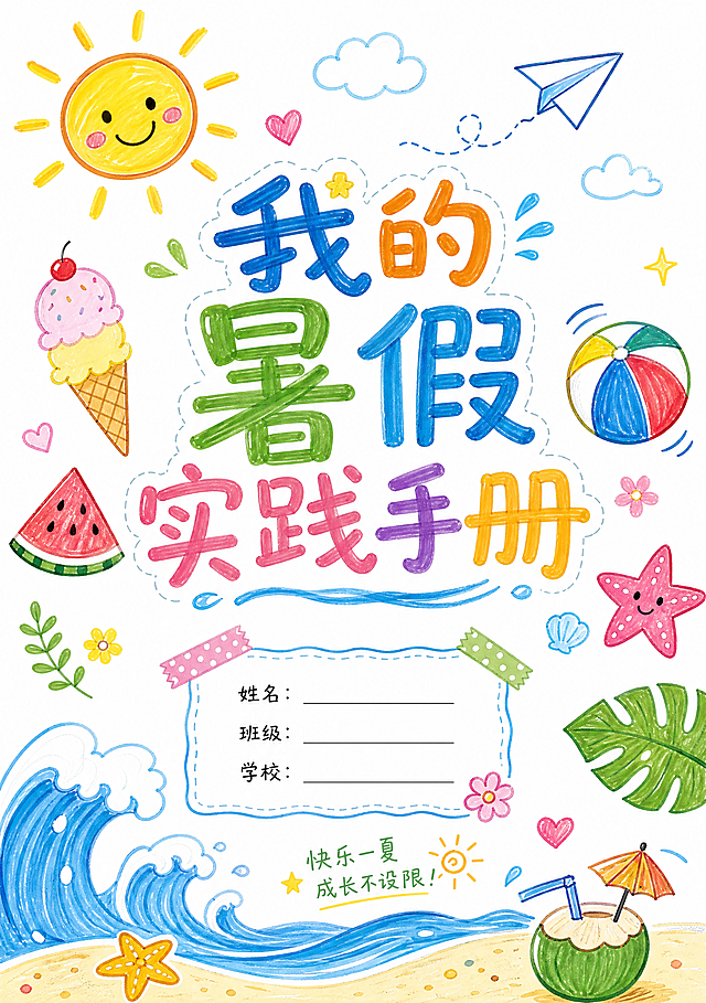 A4尺寸暑假实践手册封面，白底马克笔手绘风格，标题“我的暑假实践手册”艺术字，夏日元素装饰，童趣手绘