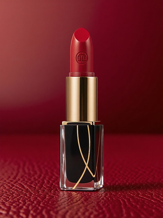将口红放置在带有细腻纹理的红色皮质表面上，背景为渐变的深红色，营造出奢华、高雅、时尚的氛围