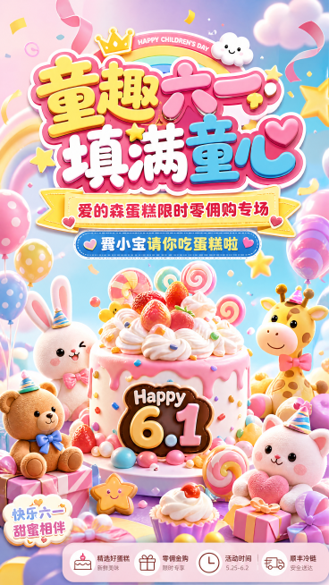 六一儿童节蛋糕甜品节日促销活动宣传童趣风竖版海报预览效果