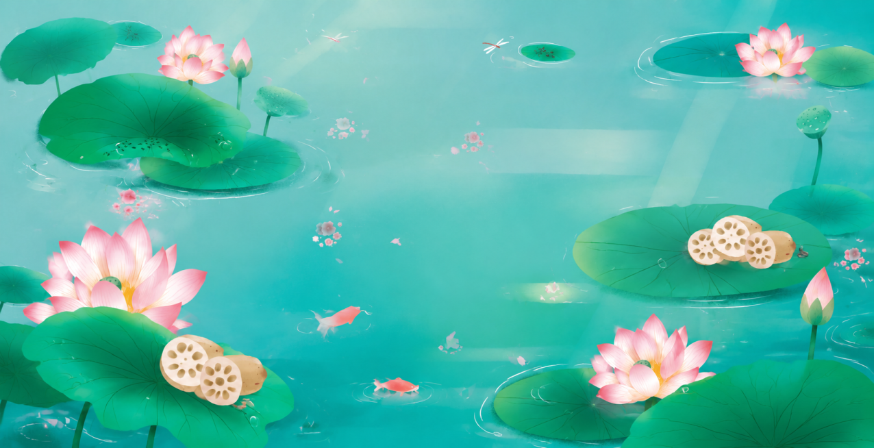 参考图片的国风水彩插画风格，青绿色调，重新生成一张荷塘背景图，包含荷叶、粉色荷花、切片莲藕，保留清新国风插画质感，整体配色和构图风格和参考图一致预览效果
