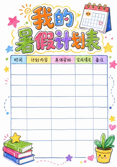 马克笔手绘风格，白底，主标题"我的暑假计划表"，留出空白表格区域，标题活泼卡通，装饰日历、星星等元素，A4竖版尺寸，文字清晰，版式精美，尺寸210*297mm竖版，马克笔手绘风，白底。预览效果