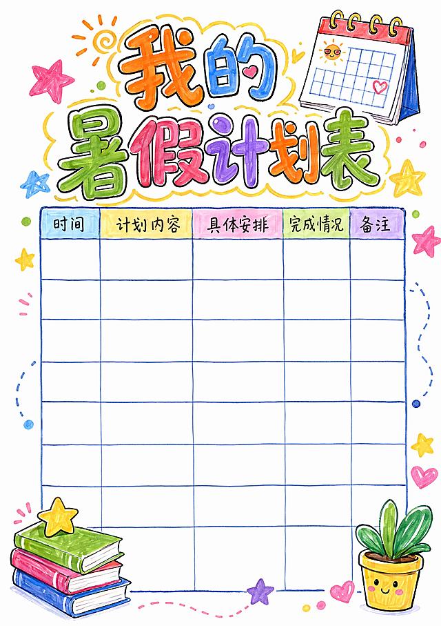 马克笔手绘风格，白底，主标题"我的暑假计划表"，留出空白表格区域，标题活泼卡通，装饰日历、星星等元素，A4竖版尺寸，文字清晰，版式精美，尺寸210*297mm竖版，马克笔手绘风，白底。