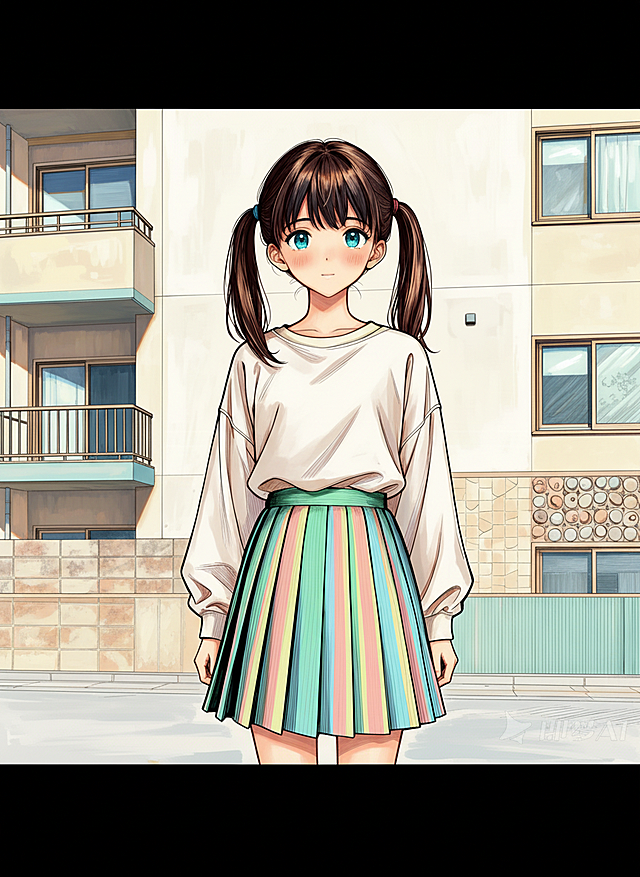 清新甜美动漫风，双马尾少女身着彩虹裙，背景简约建筑，整体可爱感十足。