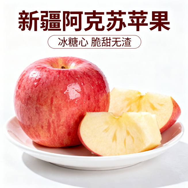 新疆阿克苏苹果电商主图，1:1比例，阿克苏苹果放在白色瓷盘里，旁边搭配切开的小块苹果展示果肉，背景是简约的白色，上方文字"新疆阿克苏苹果"，下方文字"冰糖心 脆甜无渣"，突出果肉质感预览效果