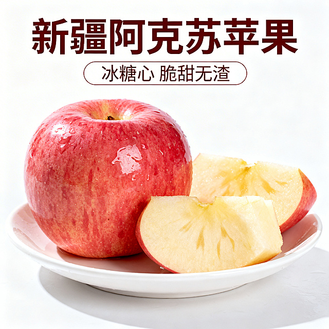 新疆阿克苏苹果电商主图，1:1比例，阿克苏苹果放在白色瓷盘里，旁边搭配切开的小块苹果展示果肉，背景是简约的白色，上方文字"新疆阿克苏苹果"，下方文字"冰糖心 脆甜无渣"，突出果肉质感