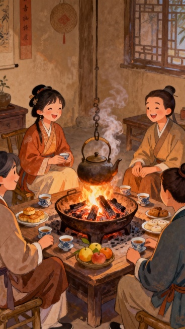 围炉煮茶的插画，温暖的室内场景，中间是一个炭火旺盛的火炉，上面架着茶壶正在煮茶，周围摆放着茶杯、点心和水果，几个人围坐炉边，面带微笑，氛围温馨惬意，传统中式风格，柔和的暖色调，细节丰富预览效果