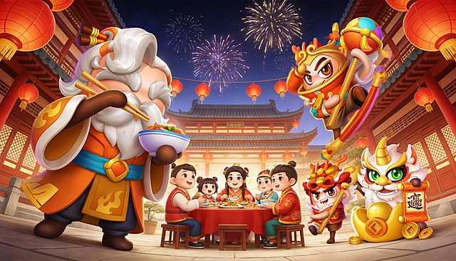 国潮风插画，融合卡通拟人与软3D质感，喜庆中式庭院中，财神、舞狮萌宠共庆新春，烟花璀璨，水彩晕染夜色，传递团圆年味。