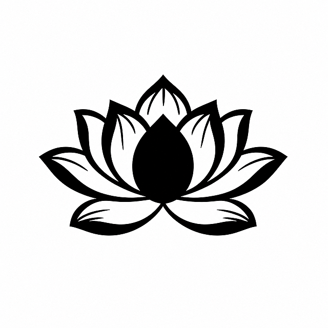 参考图中的莲花图案造型，保持完全相同的对称莲花图标样式和花瓣结构，将背景改为纯白色，莲花图案改为纯黑色，扁平化矢量风格，干净简洁，居中构图，高清晰度