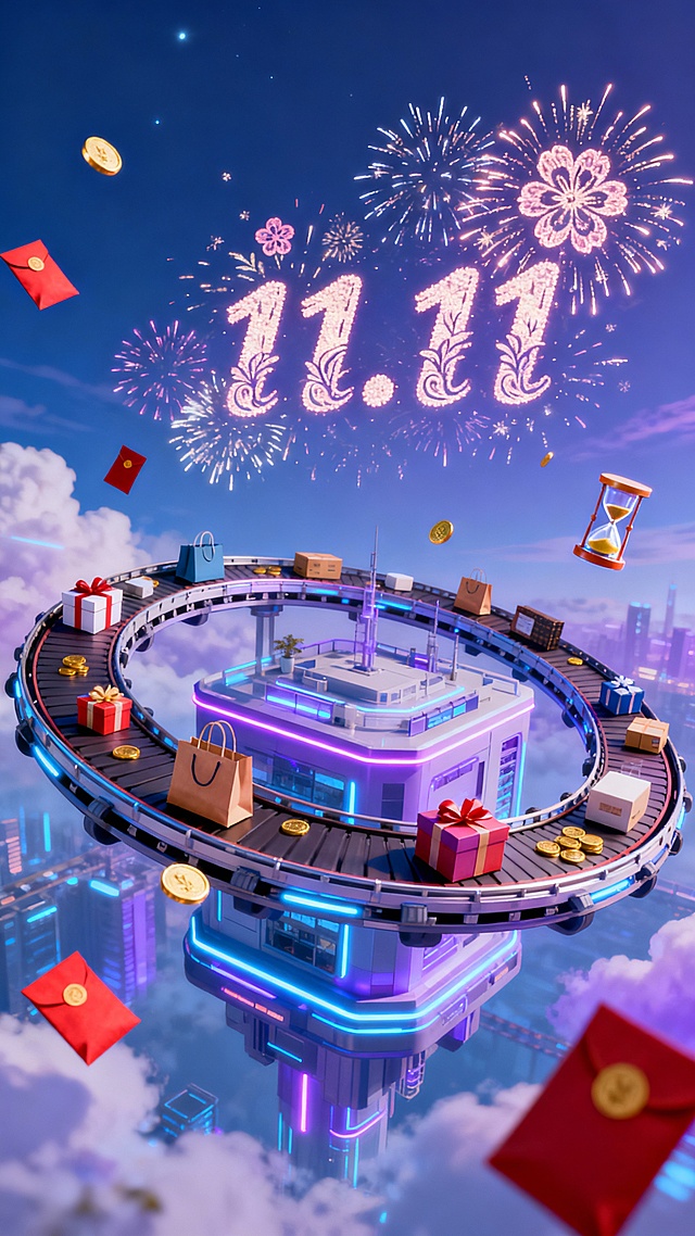 画面中心是悬空的环绕着建筑的传送带，上面有礼盒、购物袋和各类商品，呈现未来科技感的空中物流场景。点缀悬浮的小沙漏、红包、金币，整体采用蓝紫色调搭配霓虹光，营造梦幻且柔和的光彩与虚幻的光影效果。空中有花体字版的“11.11”字样烟花绽放，显示出花体的11.11图案