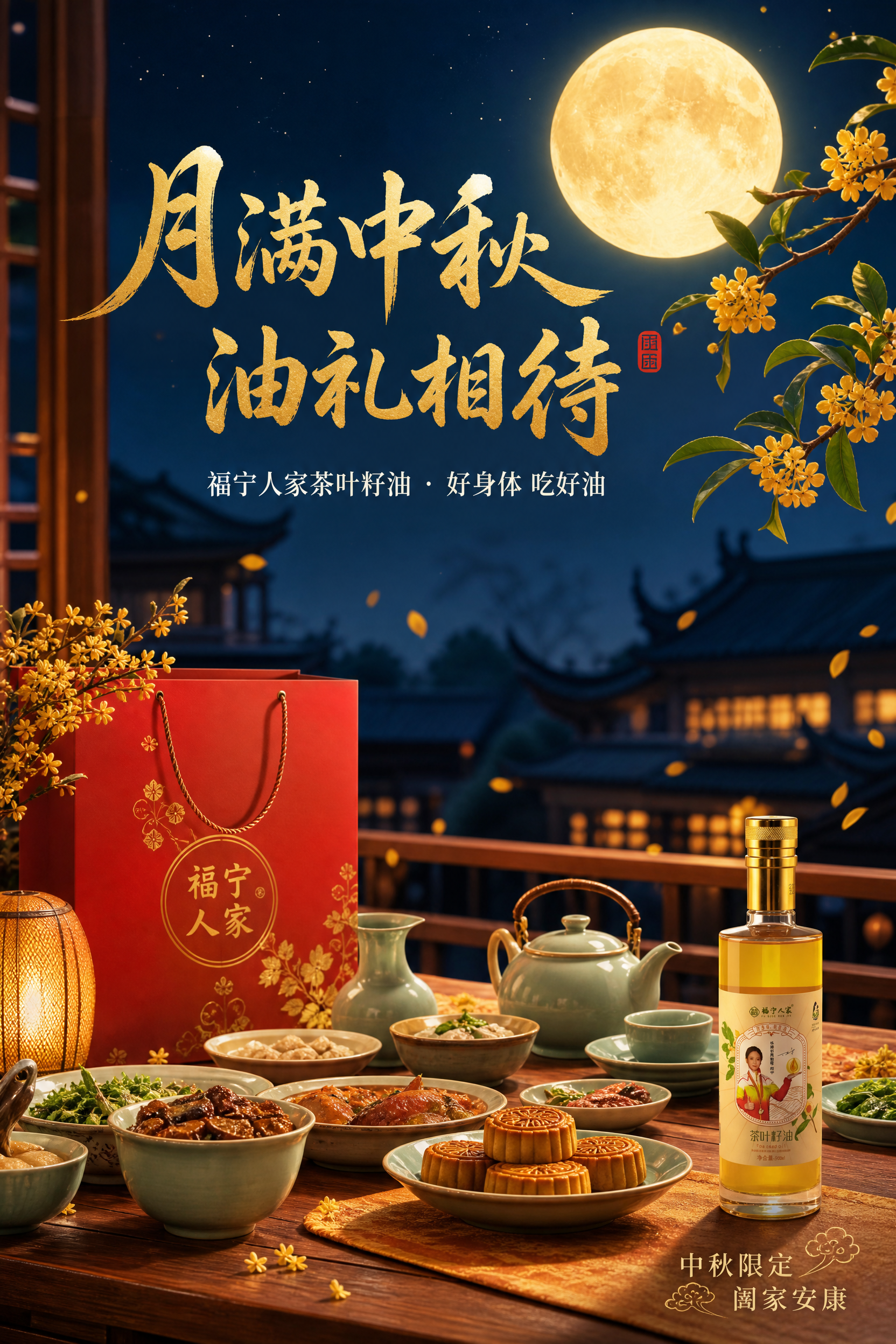 新中式国风中秋节日海报，竖版2:3比例。画面主体为中秋月夜厨房… - 图片创意预览