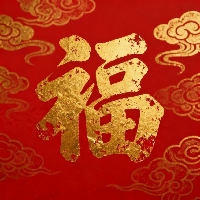 红底金福字，福字设计为复古印章风格，金色带有斑驳做旧质感，背景搭配金色祥云暗纹预览效果