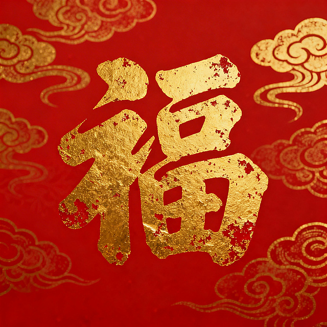 红底金福字，福字设计为复古印章风格，金色带有斑驳做旧质感，背景搭配金色祥云暗纹
