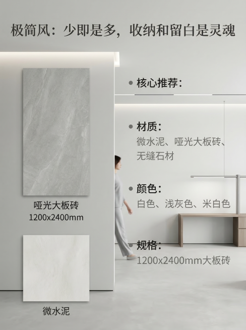 极简风家装建材搭配海报，简约冷白灰色调背景，左侧展示哑光大板砖、微水泥产品图，右侧标注核心推荐：材质（微水泥、哑光大板砖、无缝石材）、颜色（白色、浅灰色、米白色）、规格（1200×2400mm大板砖）预览效果