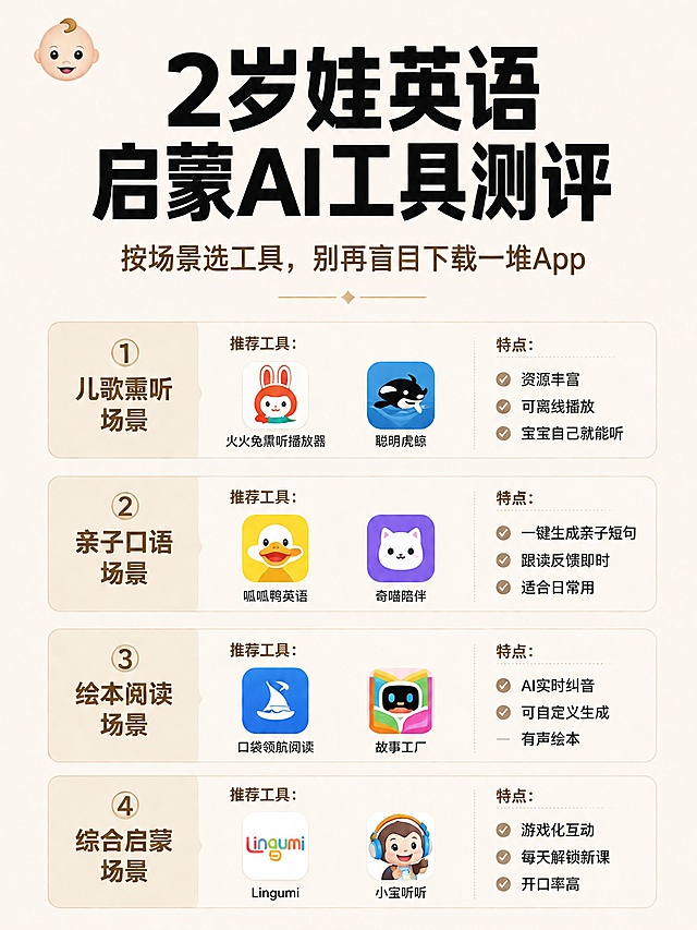 小红书笔记大字封面，纯大字，杂志海报，版式精美，小红书笔记封面质感，适合信息流点击。版式骨架、金字塔分层清单排版的分区比例、色调体系与参考图【图1】保持一致（相似度约70%），文案与图标换为用户本次内容。主标题必须完整呈现且为画面视觉中心，逐字锁定：「2岁娃英语启蒙AI工具测评」。副标题：「按场景选工具，别再盲目下载一堆App」。主标题字号占画面约30%视觉权重，清晰端正易读，适合手机端一眼看清，不得增删改字。背景：浅米色纯色底，与参考图保持干净清爽风格。标题排版：采用纯大字 P19 大文本框策略，扁平粗黑体/sans，层级分明，主标题 > 副标题 > 分区文字，中文字体全部清晰端正。从上到下依次排版：主标题 → 副标题 → 四个场景分区 → 底部留白，做金字塔分层清单排版。四个场景分区内容：1、儿歌熏听场景，推荐工具：火火兔熏听播放器 / 聪明虎鲸，特点：资源丰富、可离线播放、宝宝自己就能听；2、亲子口语场景，推荐工具：呱呱鸭英语 / 奇喵陪伴，特点：一键生成亲子短句、跟读反馈即时、适合日常用；3、绘本阅读场景，推荐工具：口袋领航阅读 / 故事工厂，特点：AI实时纠音、可自定义生成有声绘本；4、综合启蒙场景，推荐工具：Lingumi / 小宝听听，特点：游戏化互动、每天解锁新课、开口率高。每个分区尽量使用对应App的官方图标或辨识度高的代表图标，不要生成不相关图标。装饰：细线框区分四个场景分区，顶部1个婴儿👶 emoji小贴纸，不与主标题逐字混排，禁止底部横排多个，位置与数量克制、不抢主标题。整体氛围：简约高级，干净清爽，信息分区清楚，清单感，无真人出现。画质：高清细腻，信息层级清晰，主标题与背景强对比，文字完整处于安全区内不可裁切，四周留安全边距。画面比例 3:4，4K。图生图：严格使用用户上传图片，【图1】= 参考版式结构风格