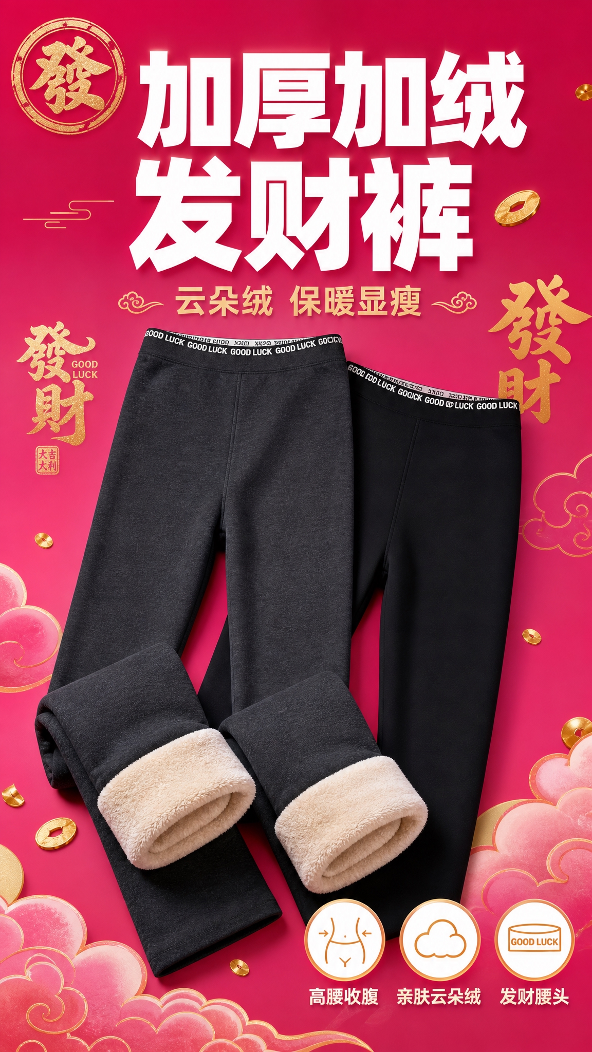 [主图-1] 加厚加绒云朵发财裤核心卖点首图，突出发财好运主题… - 图片创意预览