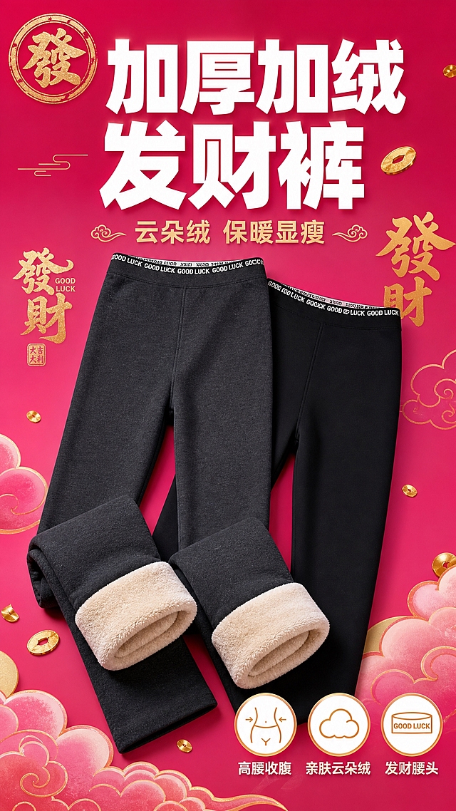 [主图-1] 加厚加绒云朵发财裤核心卖点首图，突出发财好运主题与保暖加绒卖点。
[统一基调] 国潮喜庆高级风，主背景为玫粉色渐变，搭配金色发财文字元素，标题字色为白色加粗，辅助字色为浅金色，强调色为玫红与金色，字体为粗黑体，整体风格喜庆高级有质感。
[画面] 画面中央展示两条发财裤平铺叠放，一条深灰色一条黑色，高腰腰头带有GOOD LUCK字母织带设计，裤型修身显瘦，裤子下方叠放卷起的加绒内里展示云朵绒厚度，背景为玫粉色渐变，散落金色发财文字小装饰和云朵图案，左上角放金色发财印章元素，产品占画面60%，居中偏上，视觉冲击力强。
[光影质感] 商业摄影棚拍质感，柔和顶光，裤子面料呈现细腻哑光质感，加绒内里呈现蓬松柔软的云朵绒肌理，阴影自然柔和，产品立体感强。
[配色] 主背景玫粉色渐变，产品深灰与黑色，文字白色与金色，点缀金色发财元素，整体喜庆高级。
[文字版式] 画面上方大标题"加厚加绒 发财裤"白色粗体大字，副标题"云朵绒 保暖显瘦"金色小字，右下角三个圆形图标卖点："高腰收腹""亲肤云朵绒""发财腰头"，图标为金色描边白底，文字清晰不遮挡产品。
[输出要求] 比例9:16，尺寸1080*1920，文字清晰可读，产品清晰完整，无变形，无错字，无水印，无平台Logo。