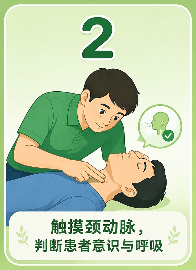 急救科普游戏卡片设计，扁平插画风格，简洁清新。画面展示施救者俯身用两指触摸患者颈部颈动脉位置，判断患者意识和呼吸状态。顶部有大号文字"2"，底部有中文文字"触摸颈动脉，判断患者意识与呼吸"。背景为浅绿色渐变，整体风格适合全年龄段科普教育，卡片版式竖版