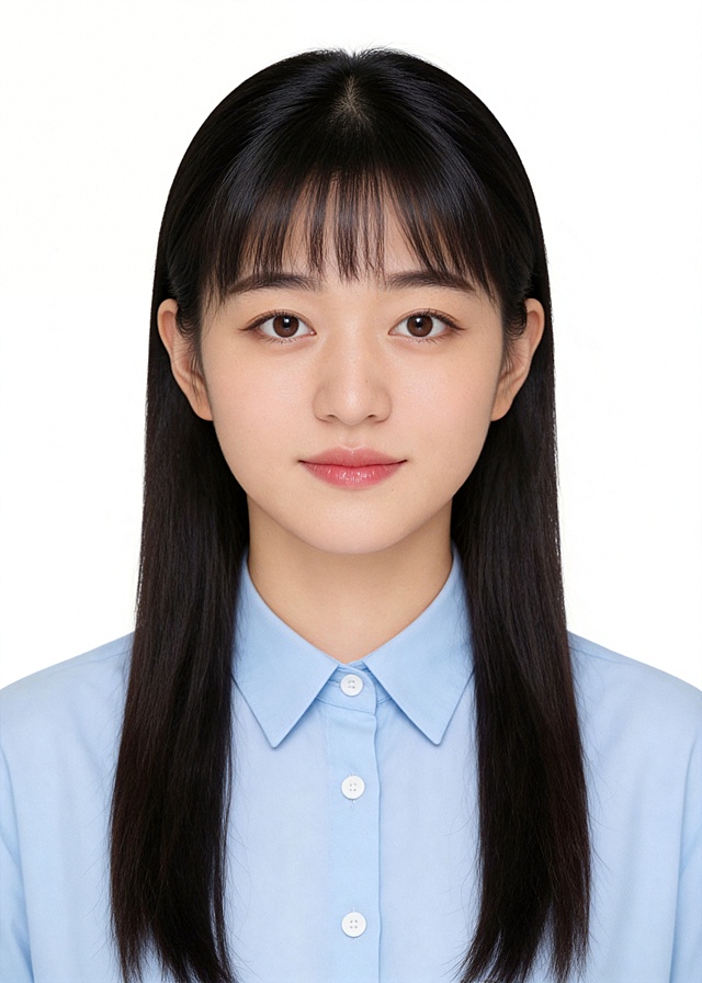 https://gdesign-dam-hz.dancf.com/35962353320320018/9c43be8497f94e70bdb79531f8c7b087.jpg https://gaoding-market.dancf.com/market-operations/independent/side/8db35d43c7c24bc6923dc77e1b3e6591/1773891387461.png 保留第一张图中人物发型､脸型､年龄特征生成标准样式纯正面证件照;人物主体严格居中,头部大小与位置严格对齐第二张图,双肩水平平衡,面部中轴线对齐画面中心,正视前方;标准证件照构图,人物绝对居中;头顶上方距离上边缘高度10%,下巴距离画面下边缘高度30%,人物主体占比约68%;肩部平展与画面水平轴平行;头部占比严格对齐第二张图;标准焦段50mm,纯正面,入境范围头部至胸部以上区域,F/4光圈(兼容F/2.8-F/4区间),平视视角(镜头与人物视线完全齐平),正视视图;人物绝对居中(居中构图),位于画面中心;严格限定标准证件照规格;视线水平(瞳孔连线与画面水平线平行);双耳对称露出,双肩水平且平衡,头部占比严格对齐垫图,禁止大头照;身着淡浅蓝色翻领衬衫，白色纽扣，款式经典正式;不戴眼镜,提亮肤色,消除暗沉,清透裸妆,隐形毛孔,均匀肤色,唇色自然提亮;肤色白皙细腻,轻透裸妆+微微提亮;底妆轻薄服帖;淡妆:极细内眼线,唇色微微润泽;眼神澄澈,看向镜头,气质自信,嘴角微微上扬表情自然;耳廓可见度一致;肩部平展,肩线与画面水平轴平行;头肩比例协调呈现;免冠,五官完全露出,柔和正面顺光均匀柔光,面部明亮无硬影,背景均匀提亮,画质清晰,零噪点降噪;面部清晰;均匀柔和布光,无明显阴影,面部光影干净,柔光正面打光,自然光影过渡,皮肤质感细腻,哑光质感;极简纯白色背景，呈现均匀柔和质感，光线均匀，明暗过渡柔和;背景亮度均匀统一;高清锐利画质,细节清晰可见;零噪点处理;色彩还原自然,专业证件照质感,高清人像质感,细腻皮肤纹理,高分辨率;严格按照第一张图内容生成,分辨率4K,画面比例5:7