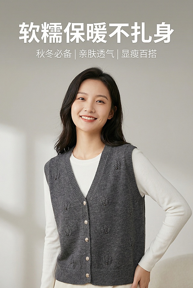 [主图1] 软糯保暖针织马甲背心主图
[氛围风格] 简约高级秋冬氛围感，时尚通勤穿搭，柔和棚拍光影
[画面元素] 主推款灰色针织马甲，保持原款式V领开襟钉珠装饰花纹完全不变，一位亚洲女性模特，穿着白色长袖内搭，灰色针织马甲穿在外面，模特中景展示（膝盖以上），自然站立姿态，干净浅灰色渐变背景，产品清晰展示，无多余杂物
[配色色系] 主色调灰色（马甲），白色（内搭），浅灰色背景
[视角构图] 平视视角，景深适中，模特和产品占据画面主体位置，主体占比约60%
[文字版式] 顶部主标题 "软糯保暖不扎身" 大字白色无衬线粗体，副标题 "秋冬必备 | 亲肤透气 | 显瘦百搭" 小字浅灰色，文字悬浮于画面顶部留白处，不遮挡产品主体，保持呼吸感
[分辨率] 2k分辨率